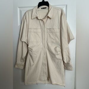 Zara Denim Ruched Ivory Mini Dress Sz L Gogo Boho Cowgirl Club